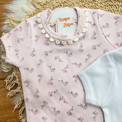 Conj. de Malha 3 peças - Galhinhos de Flores - Rosa e Branco
